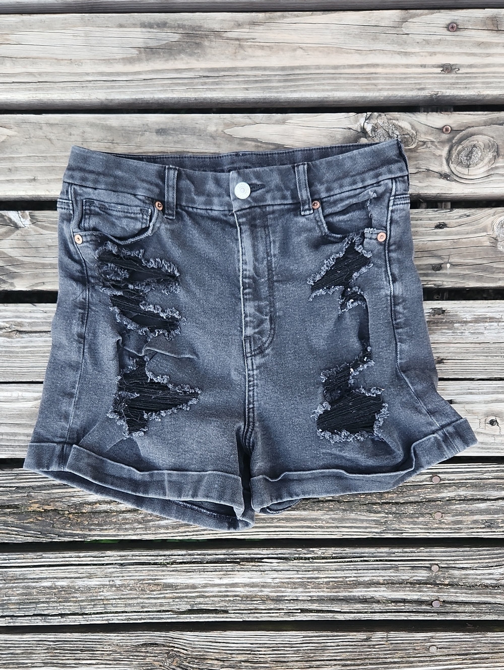 American Eagle Black Distressed Curvy Mom Short Size 10 Denim Jean Stretch
